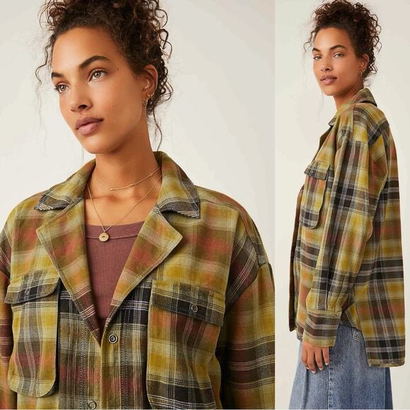 Free People Grunge 90s Flannel Plaid Izzie Cargo Shirt Jacket Shacket Medium - Picture 6 of 15